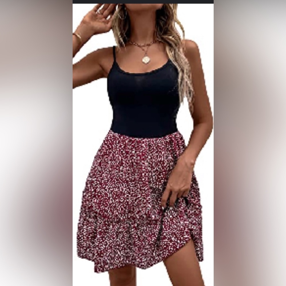 SHEIN Mixed Media Camisole Tiered Mini Dress Black|Maroon Dalmatian Polka Dot